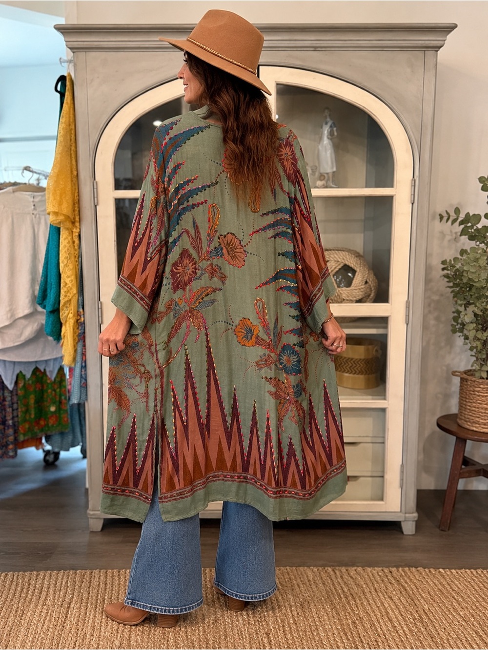 Raj Olive Green and Rust Boho Maxi Kimono - Picture 5 of 7